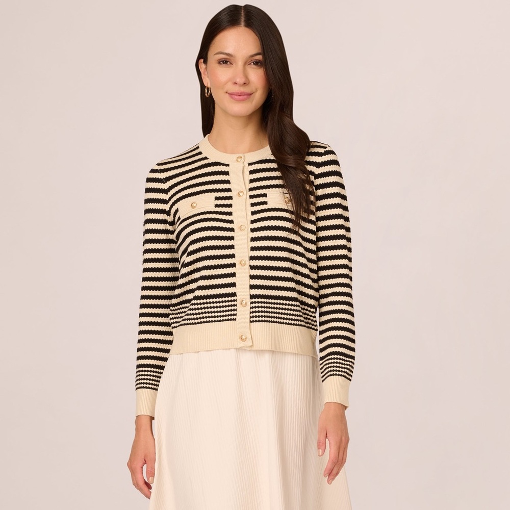 Adrianna Papell Cream Black Striped Button Front Cardigan S Gold‎ Button Knit